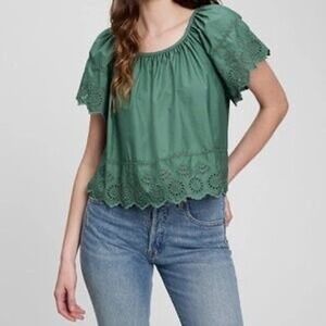 GAP Women's Sagebrush Green Eyelet Flutter Sleeve Boho Blouse Top Size M